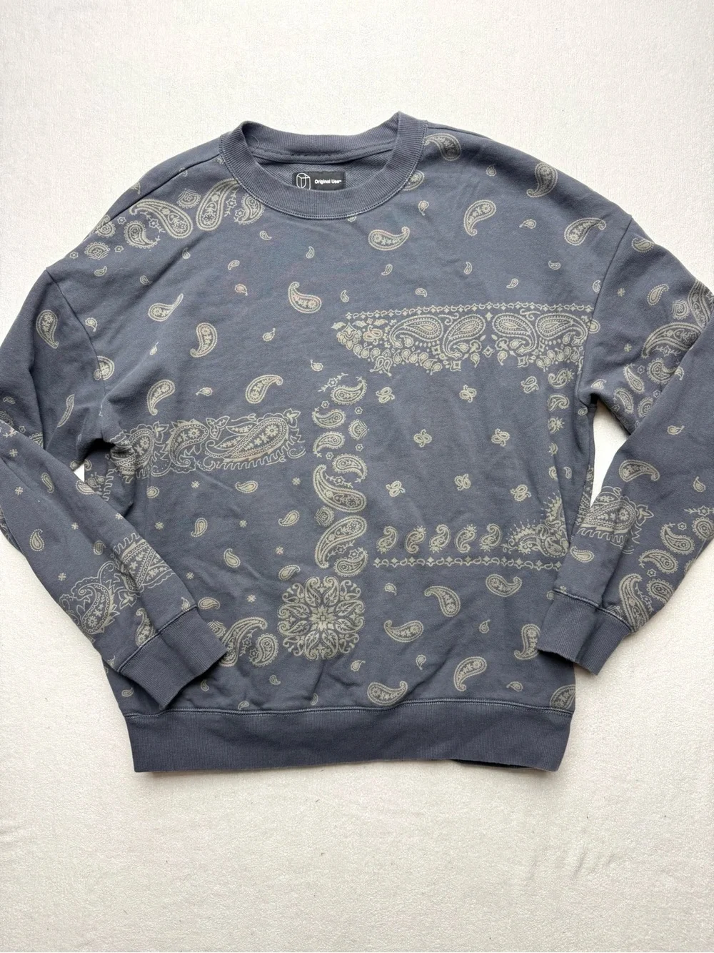 Original Use Gray Crewneck Sweater with Cream Paisley Print